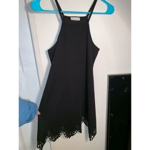 High-Neck Black Mini Dress with Lace Trim